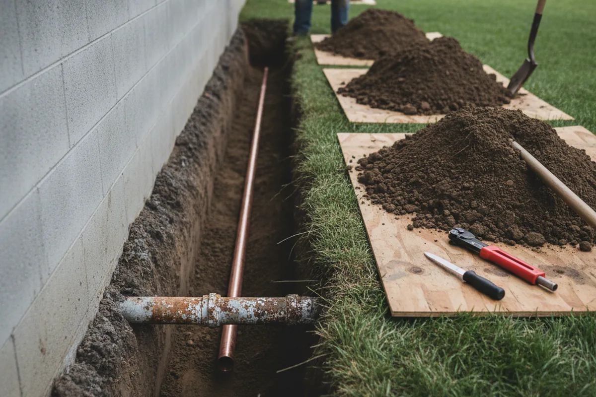Excavated water line trench during Water Heater Repair in Sanger